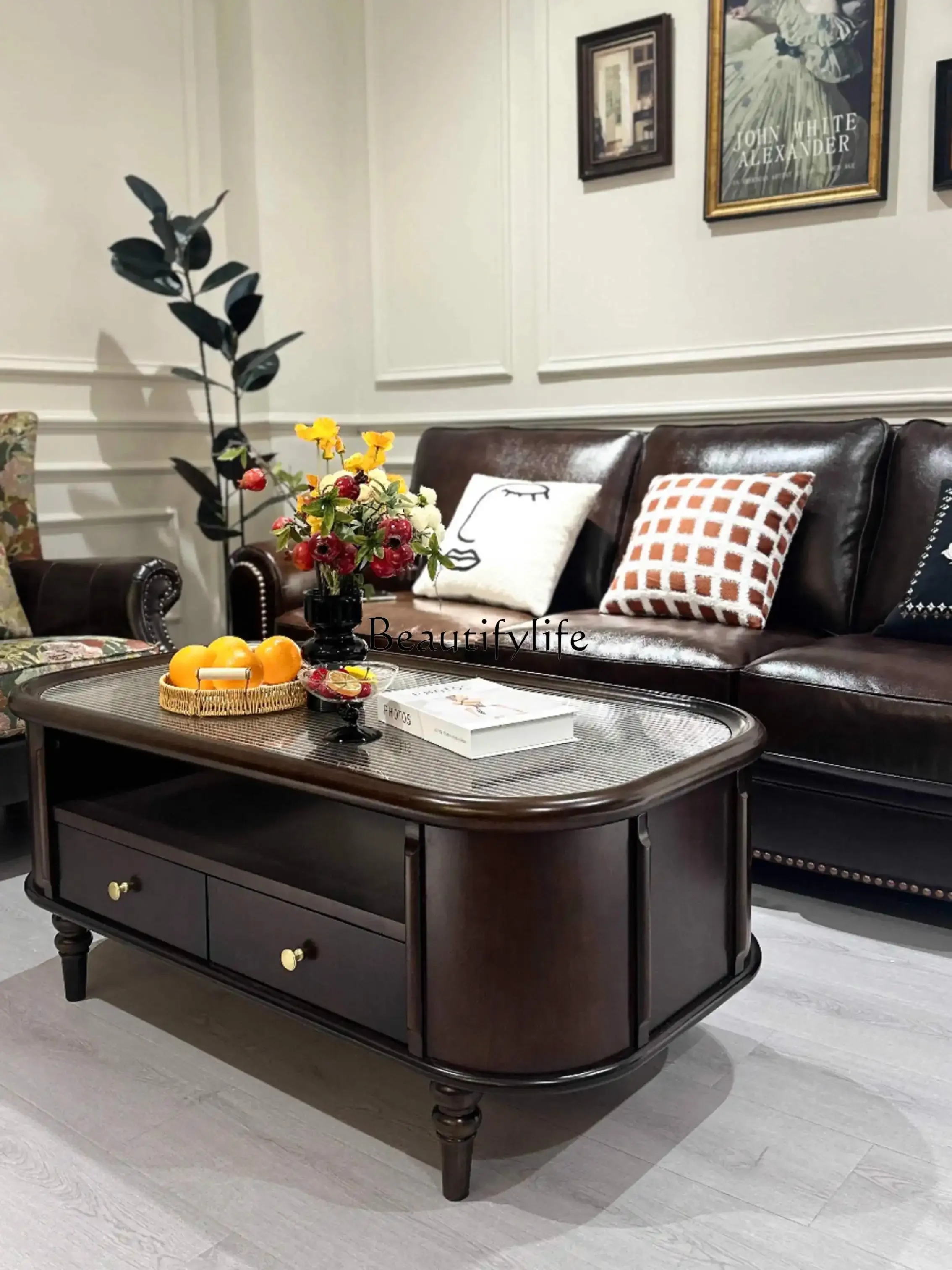 

yj19 American Style Pure Solid Wood Coffee Table Living Room Light French Retro Home Coffee Table