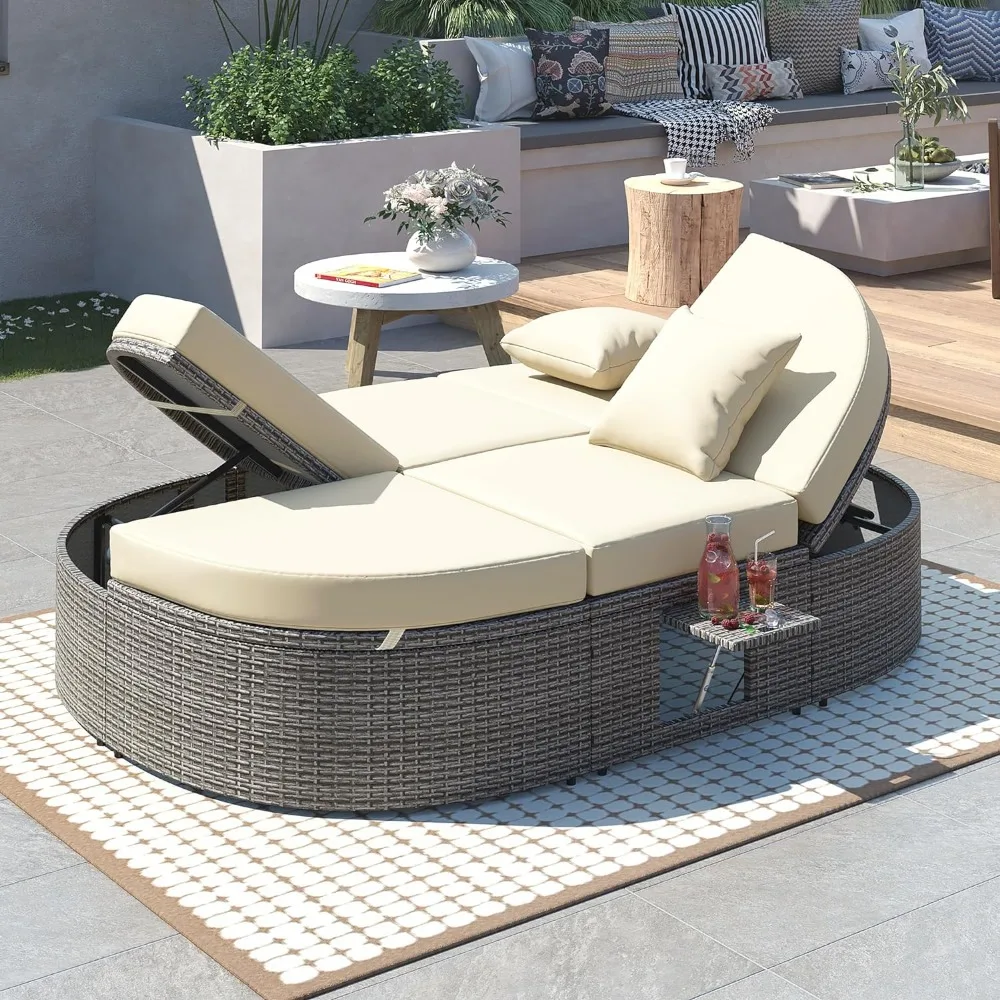 Outdoor Sun Bed with Adjustable Backrests and Foldable Cup Trays, Reclining Outdoor Lounger Wicker Rattan Patio Daybed