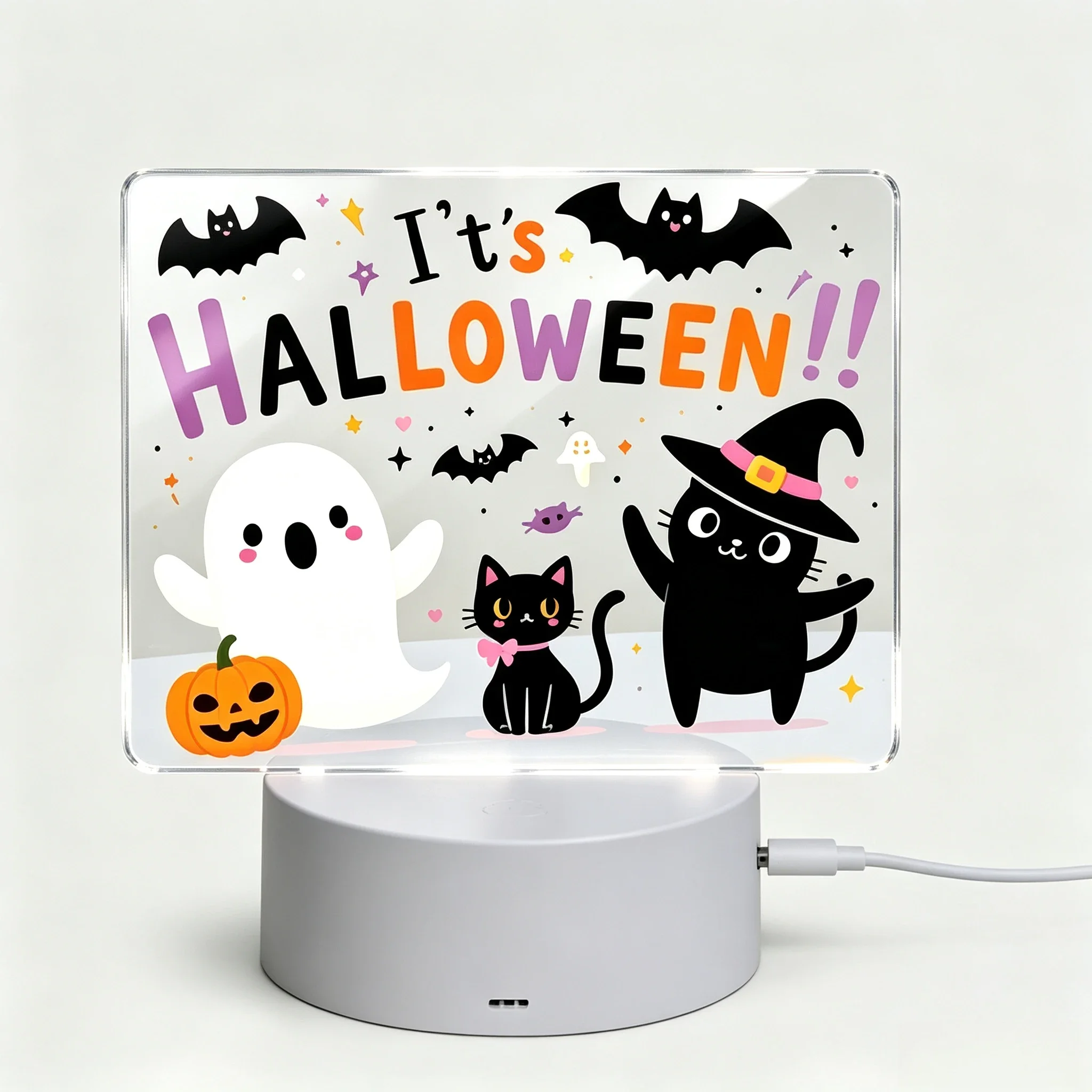 Happy Halloween Ghost & Witch Cat Acrylic Light‑Up Sign, Desk Decoration Lamp