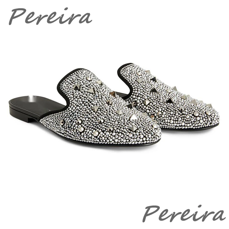Silver Diamond Rhinestone Men's Shoes Full Drill Nail Rivet Slippers Fashion Luxury Genuine Leather Flats Outside Casual Shoes
