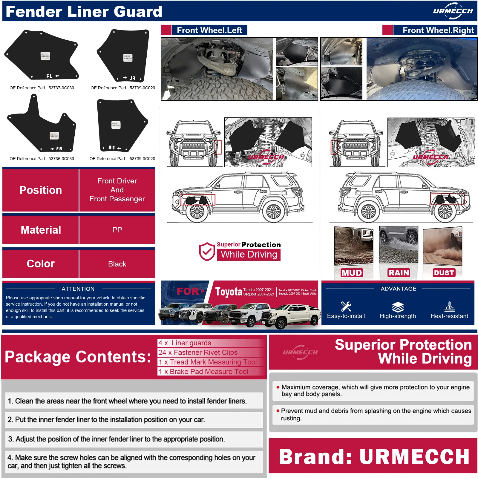 Paraspruzzi paraspruzzi parabordi parabordi scudo grembiule guarnizione per Toyota Tundra Sequoia 2007-2020 pneumatico battistrada misuratore di profondità rivestimento dei freni