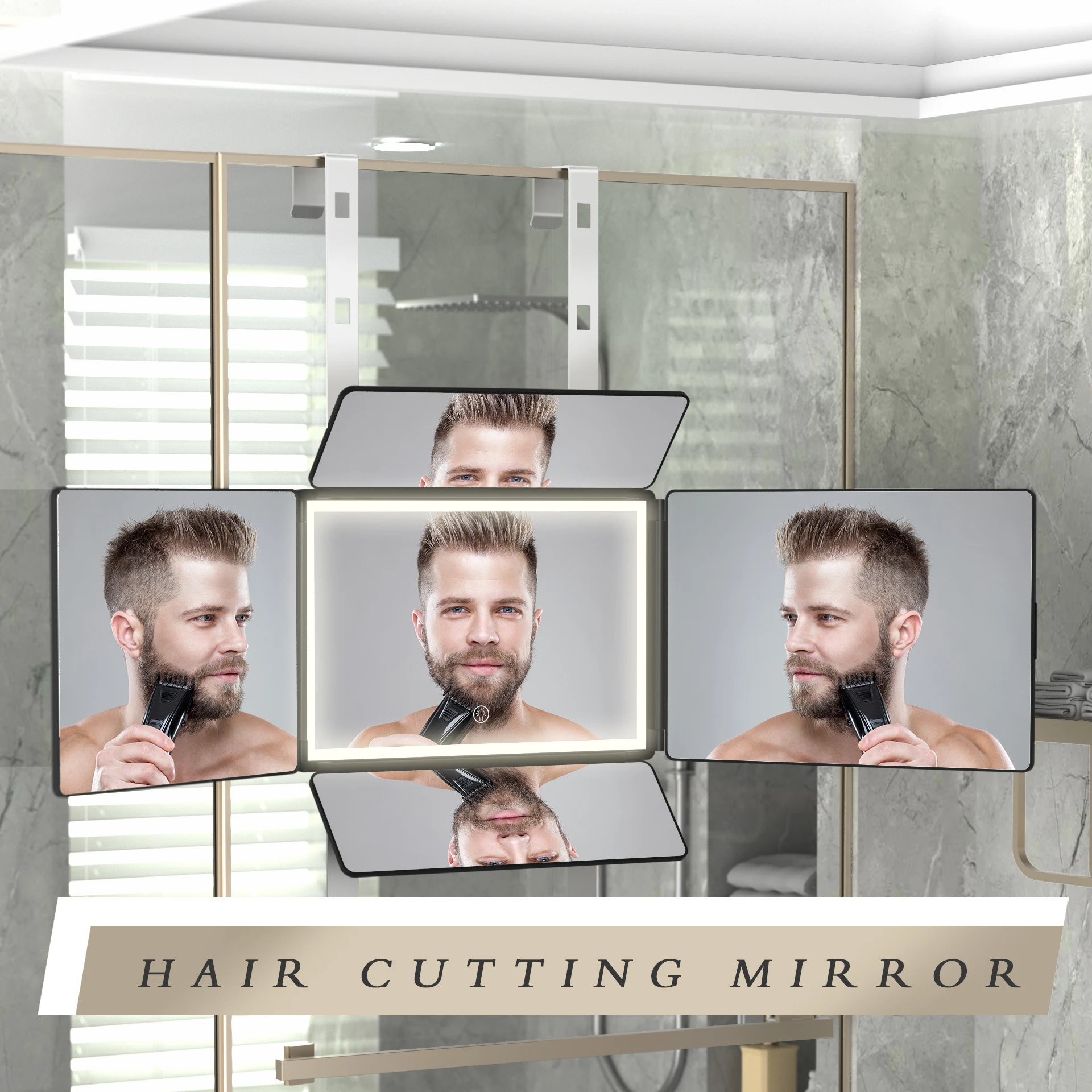 5-Wege-Spiegel zum Haarschneiden mit LED-Licht, tragbarer 360-Grad-Dreifach-Friseurspiegel, selbstgeschnittener Spiegel mit höhenverstellbaren Haken