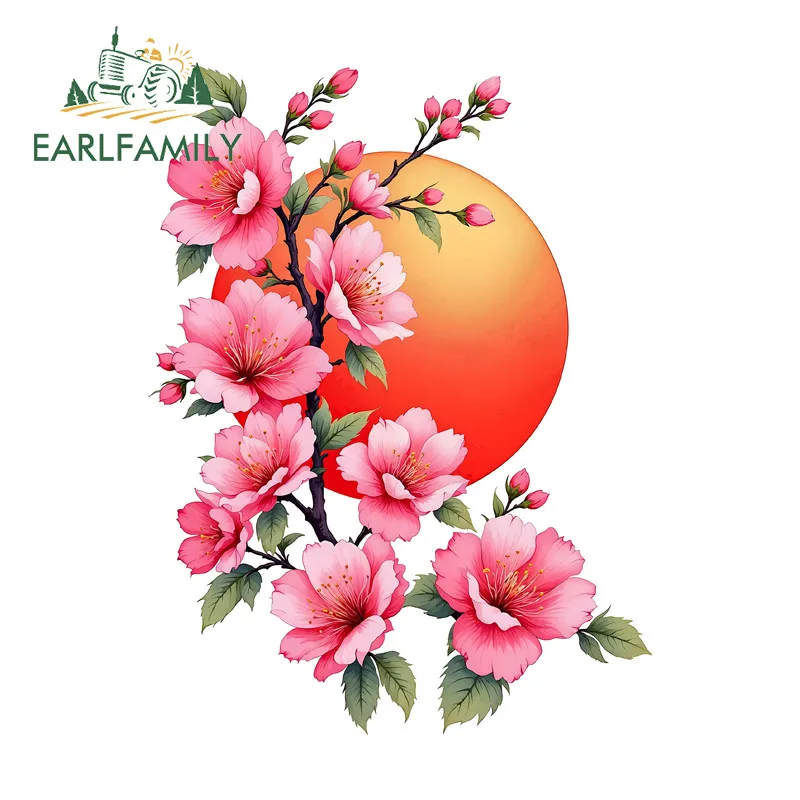 EARLFAMILY Cherry Blossom with Red Sun Car Stickers Waterproof Campervan Truck Surfboard Windows Decal Scratch-Proof Car Styling