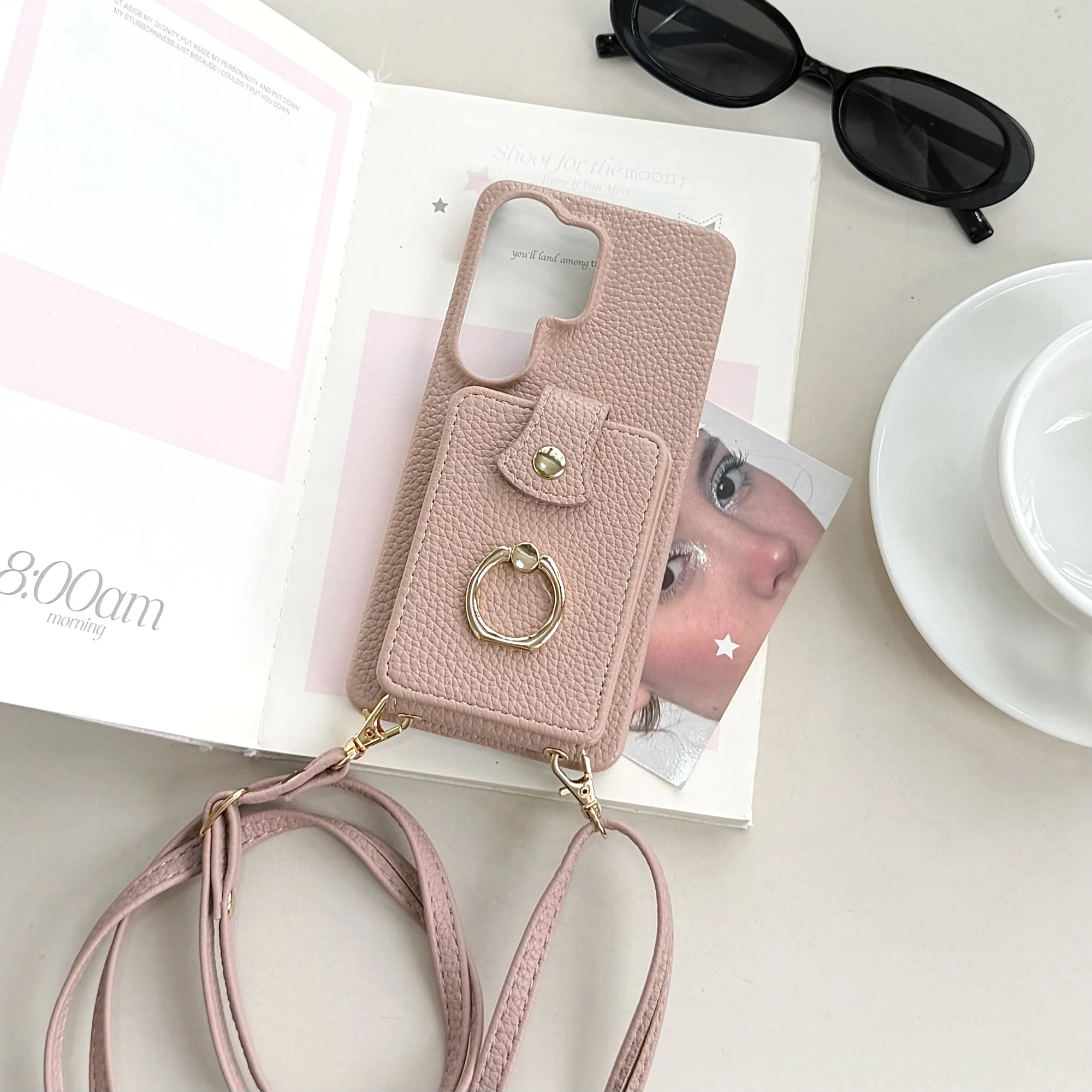 Crossbody Vertical Card Solt Ring Holder Leather Case for Samsung Galaxy S26 Ultra S25 S24 Plus A57 A37 Long Lanyard Bag Cover