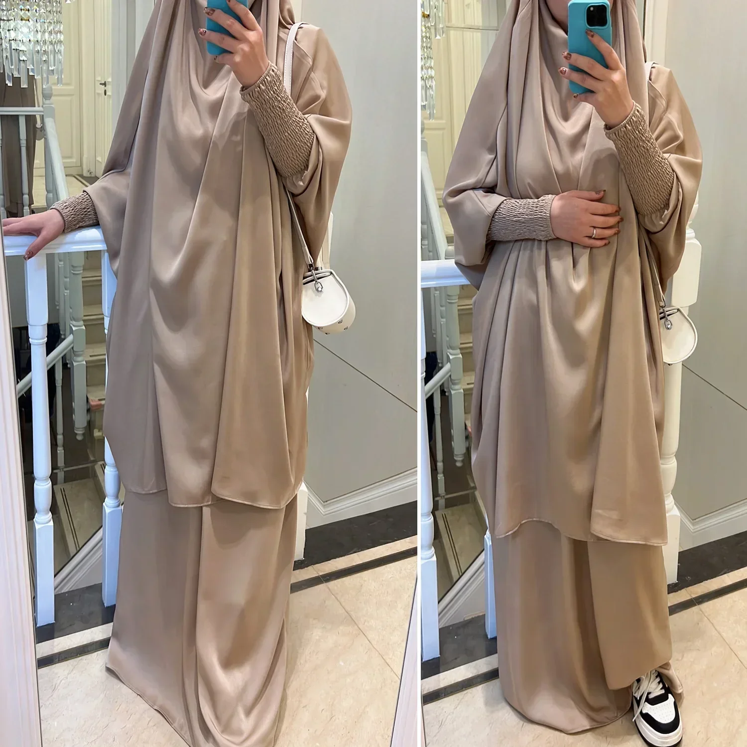 Ramadan Satin Hooded Abaya Khimar Set Jilbab 2 Piece Islamic Abayas for Women Muslim Prayer Clothes Dubai Turkey Niqab Djellaba