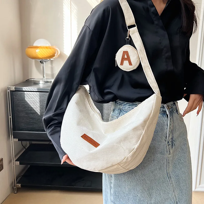 Corduroy Hobo Bag Fall Winter Korean Ins Style Girl Boy Casual Daily Commuter Crossbody Shoulder Bag Student Soft Vintage Trendy
