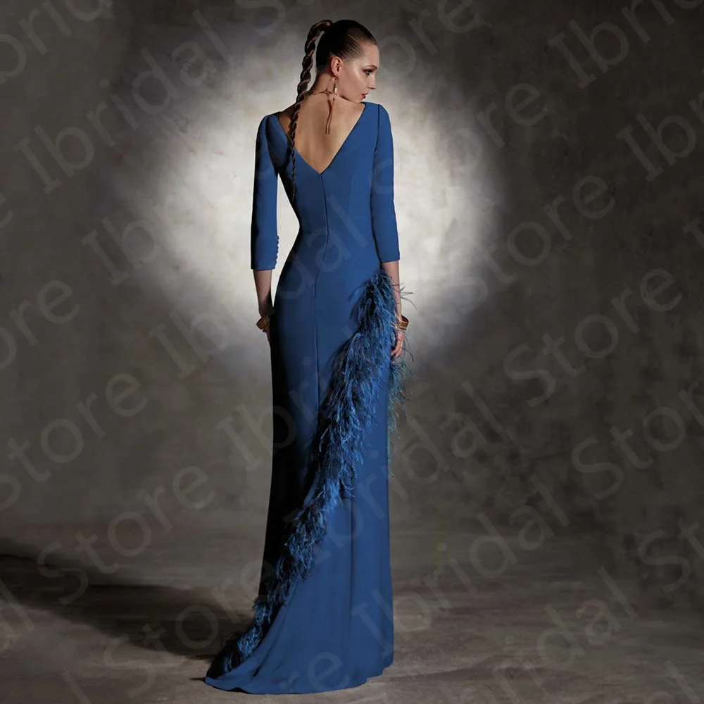 Graceful Dark Blue Mermaid Mother of the Bride Dress Boat Neck Feather  Dresses 3/4 Sleeves Wedding Guest Gowns Back Out