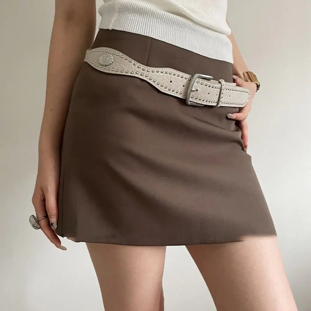 

Retro Maillard Women Rivet Belt Vintage Y2k Wide Leather Waistband Metal Buckle Jeans Girdle Punk Style Belt Spicy Girls