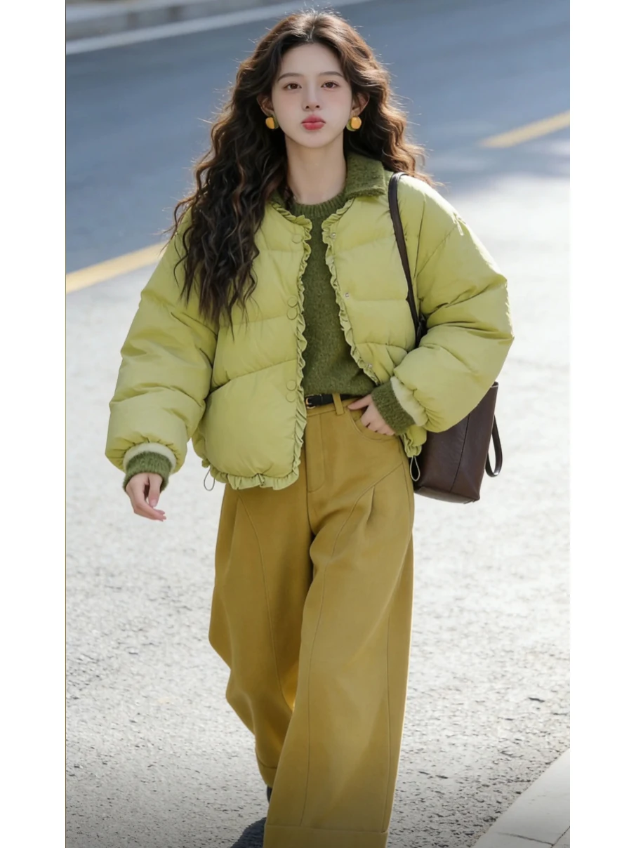 

Retro Sle Women's Light Yellow Collared Cotton Jaet Faionable Unique Winter Coat Korean Loose Fit Long Sve ort Length