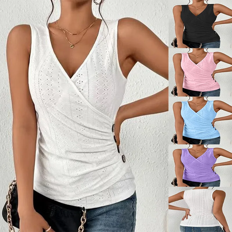 Summer Hollow Blouses Women Sexy Ruched Deep V-Neck Slim Sleeveless Cross Tank Tops Female Solid Color Button White Black Shirts
