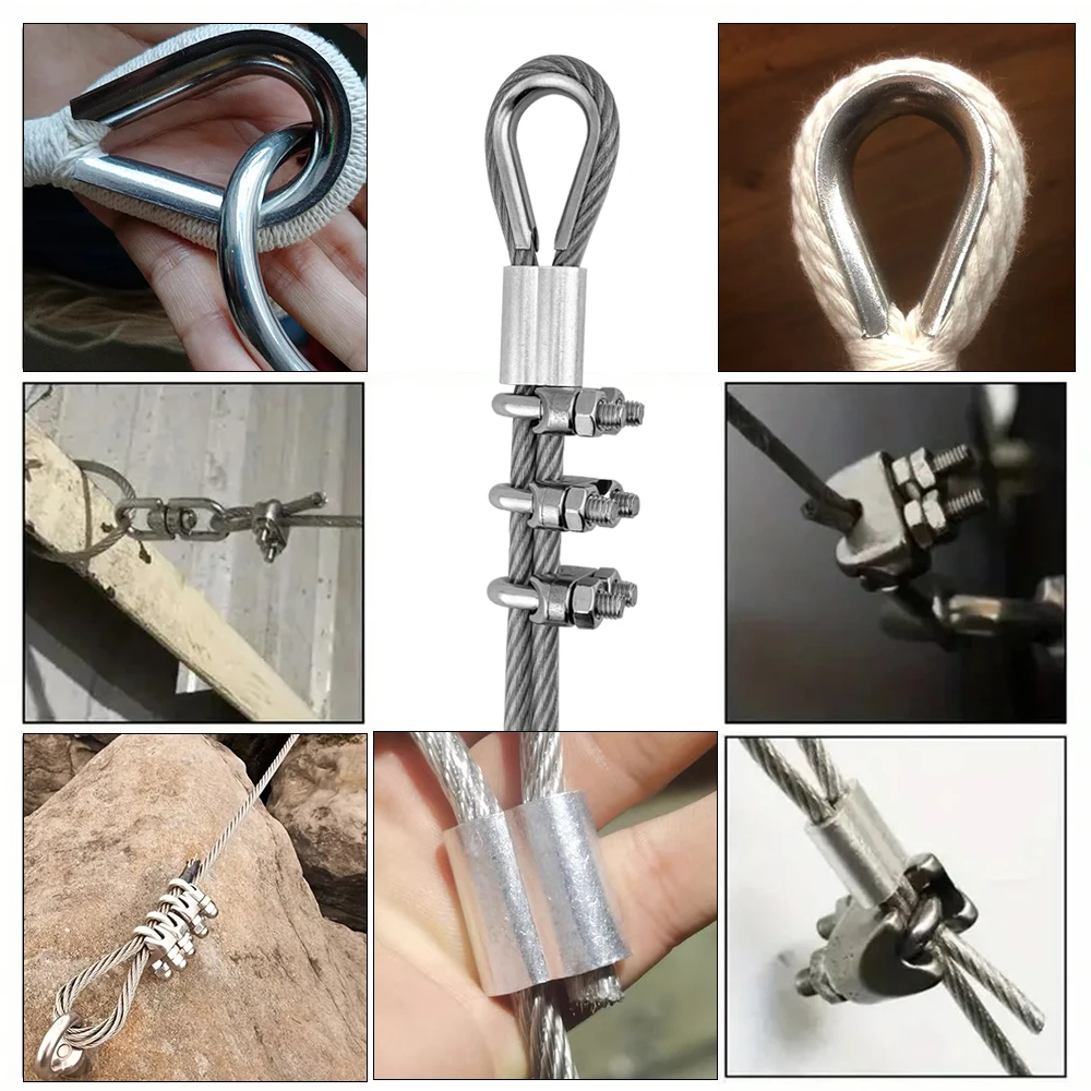 2/5/10pcs Wire Rope Clamp Kit Heavy Duty U-Shaped Clamp & Aluminum Sleeve & Chicken Heart Ring Wire Rope Hardware Accessories