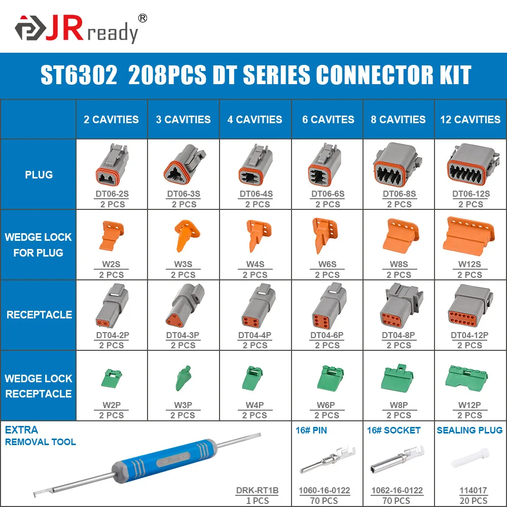 JRready 208PCS ST6302 DT Connector Waterproofing 2 Sets 2 3 4 6 8 12 Pin Deutsch Connector 16 Stamped Contacts