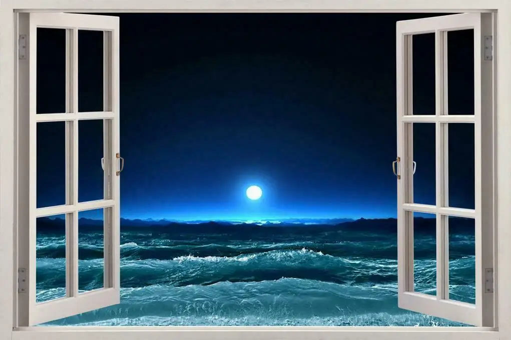 

Moonlight Sea Window View Decal Mural Beach Waves Ocean Moon, Art Picture Print Silk Poster, Home Wall Decor