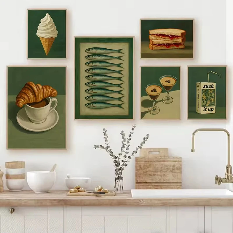 1pc Frameless Canvas Painting Retro Style Green Background Kitchen Still Life Coffee Drink Simple Poster Canvas Paintings Wall A