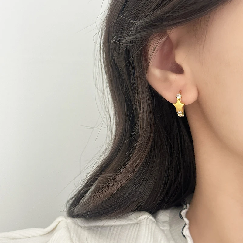 

Tibetan Silver 18K Gold Plated Zircon Brushed Star Hoop Earring for Women Cute Fashion Jewelry Light Luxury Accessories