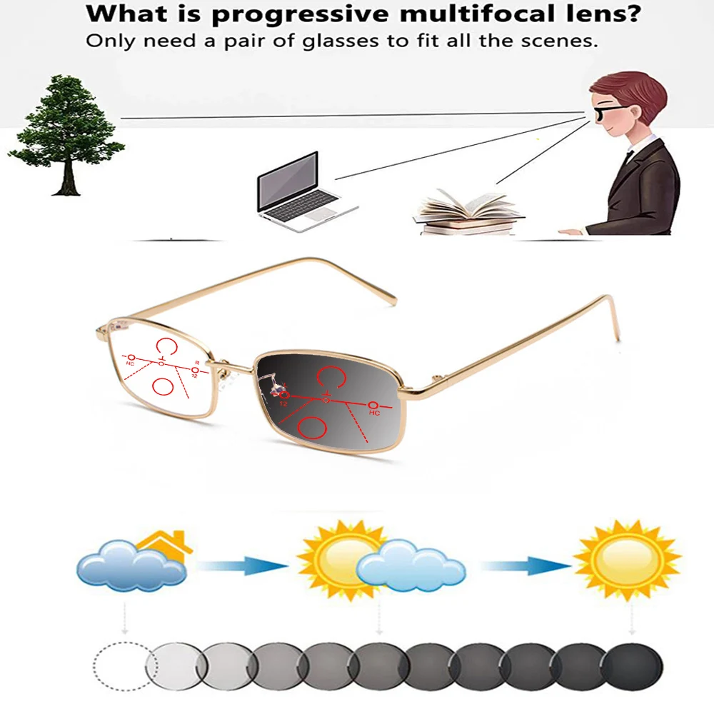 

Alloy Rectangular Mini Outdoor Handcrafted Frame Photochromic Progressive Multifocal Reading Glasses +0.75 To +4