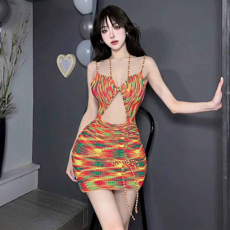 女性用プリントニットスパゲッティストラップドレス、ファッショナブルなホットボディコンドレス、ホローミニセクシーシェイプドレス、セクシーペンシルサンドレス