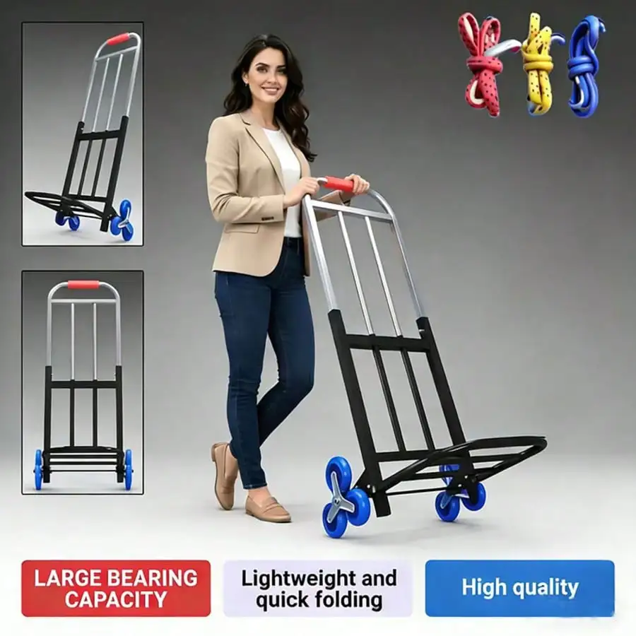 Heavy-Duty Folding Trolley With Adjustable Buckle Gears, Stair-Climbing Wheels, And A Portable Lifting Mechanism For Transport And Shopping.