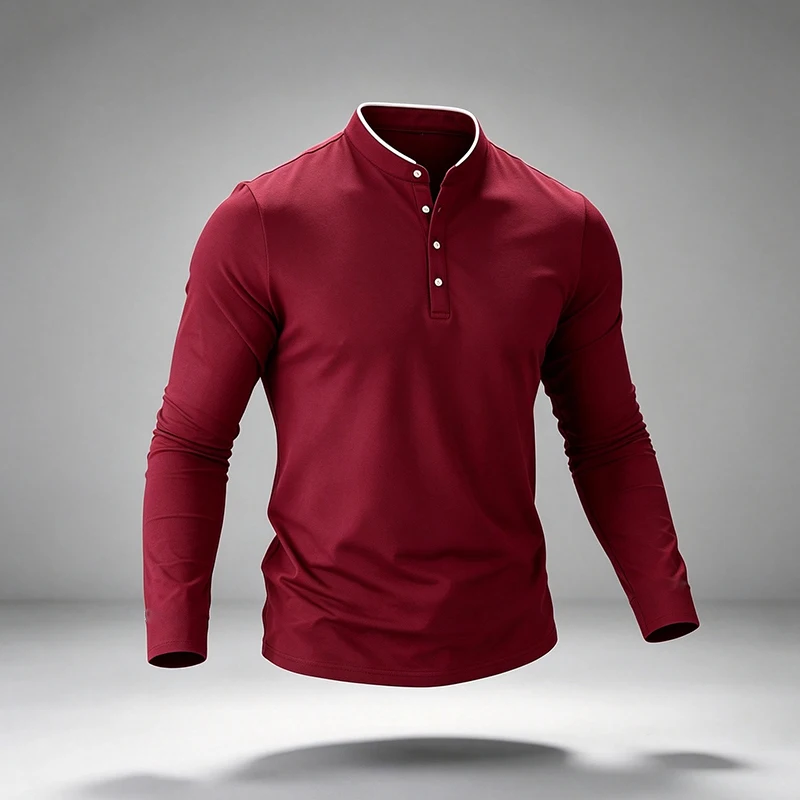 Herren Polohemden mit Stehkragen, halber Knopfleiste, langen Ärmeln, vier Knöpfen, Henley-Stretch, knitterarm, für den Alltag, Freizeitoberteile – Detail 14