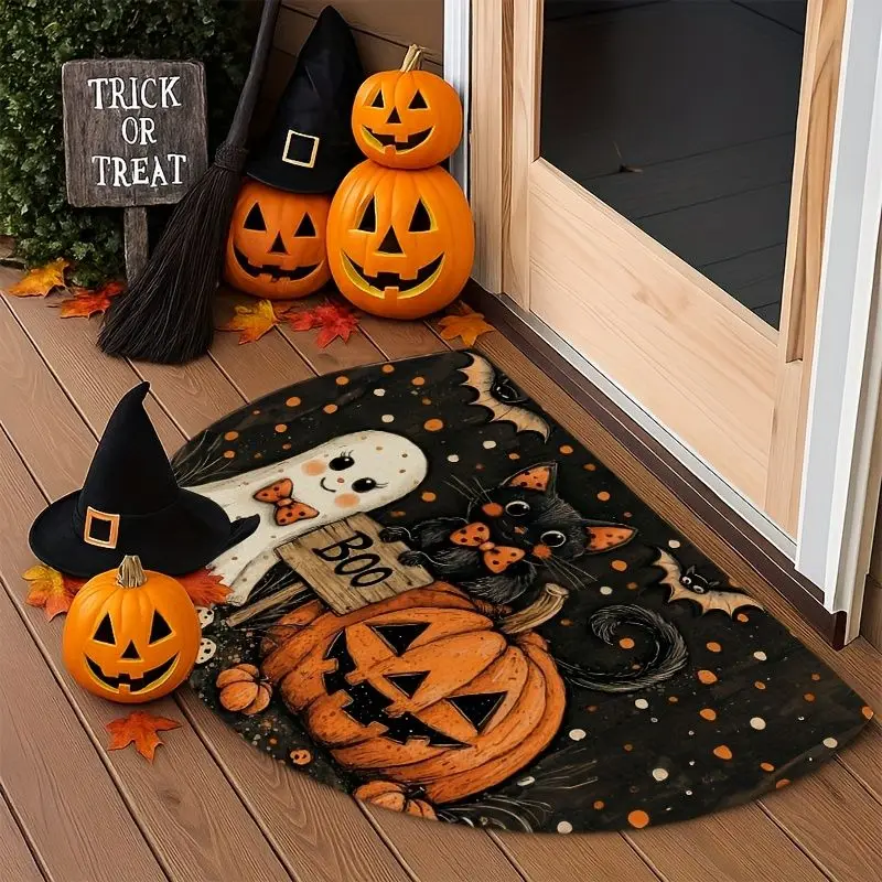 VIKAMA Halloween Semicircle Doormat Boo Ghost Black Cat Pumpkin Non Slip Front Door Entrance Floor Mat Spooky Holiday Home Decor