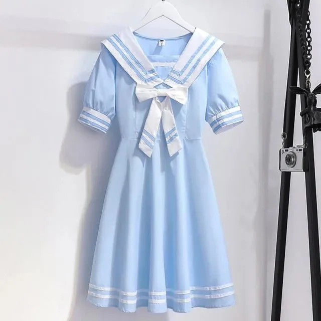 2024 Summer New retro preppy Girls long Dress Cotton Sailor bow Collar Teens striped JK Patchwork Baby Clothes Toddler 12 year