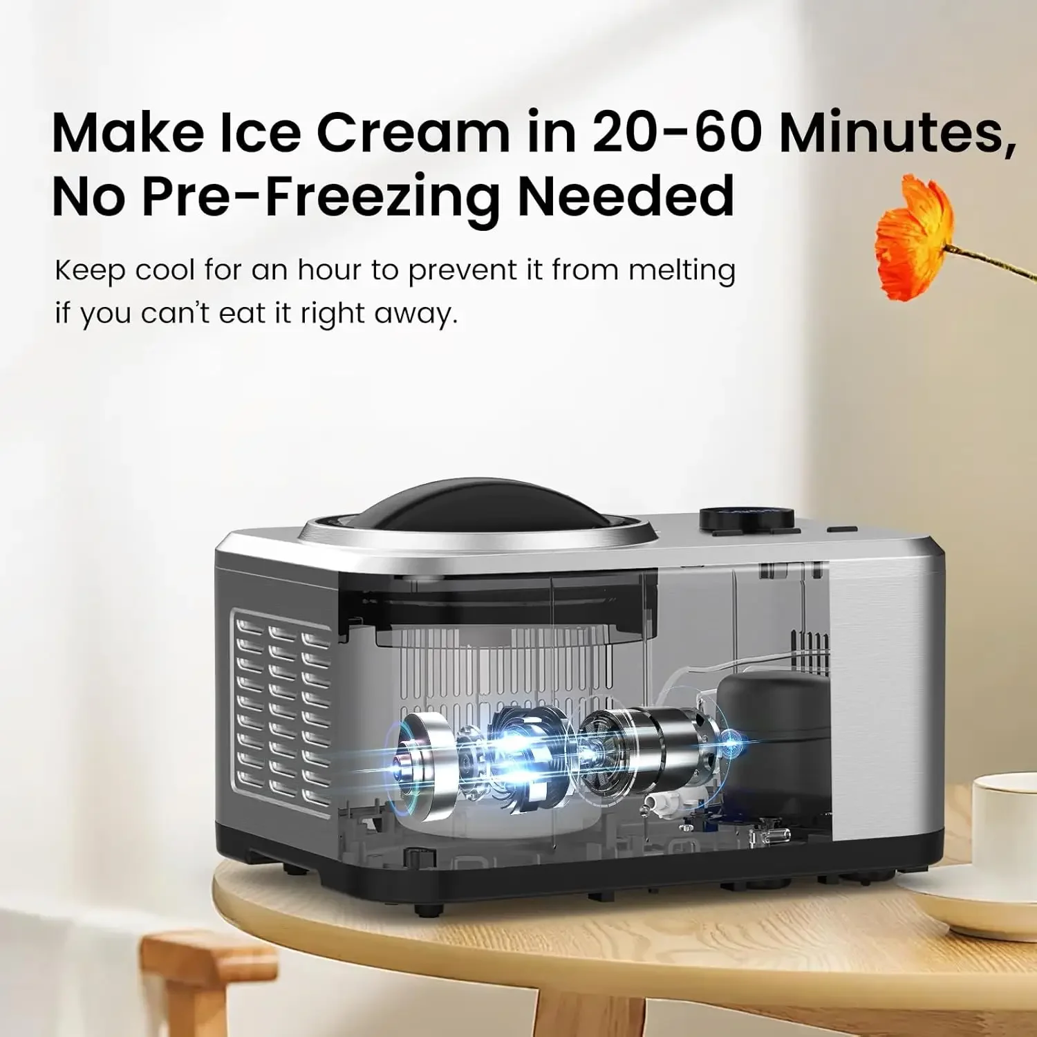 Ice Cream Maker Machine with Built-in Compressor, Fully Automatic and No Pre-freezing, Frozen Yogurt, Keep-cool