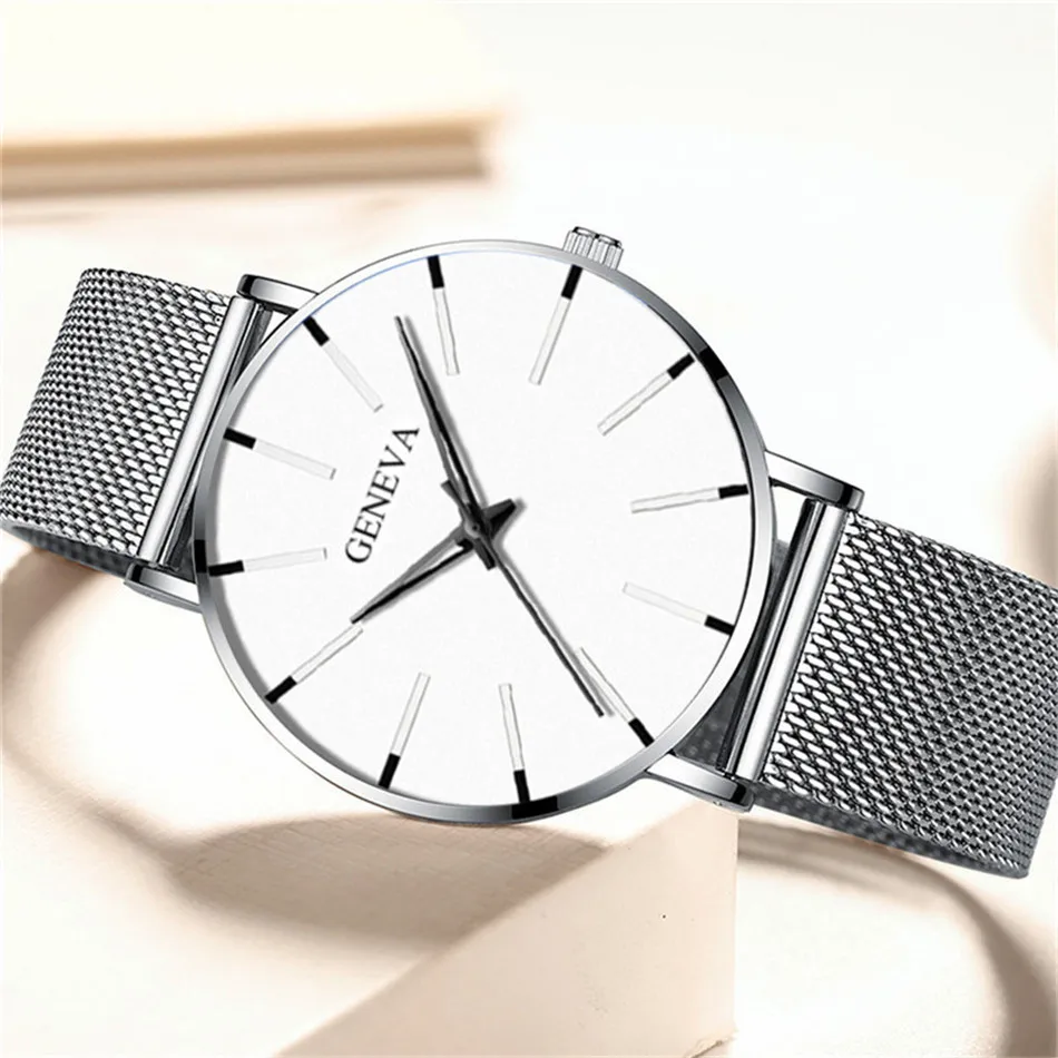 GENEVA Top Brand Mens Watches Fashion Ultra Thin Steel Mesh Belt Quartz Watch Men Simple Business Male Wrist Clock Reloj Hombre