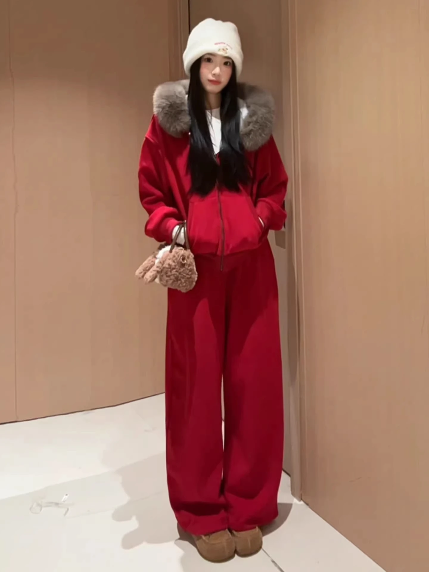 

Red Fleece Lined Thickened Hoodie Set Women's Casual Sportswear Two Piece Fashionable Autumn Winter Warm Thickened Sweatshirt...