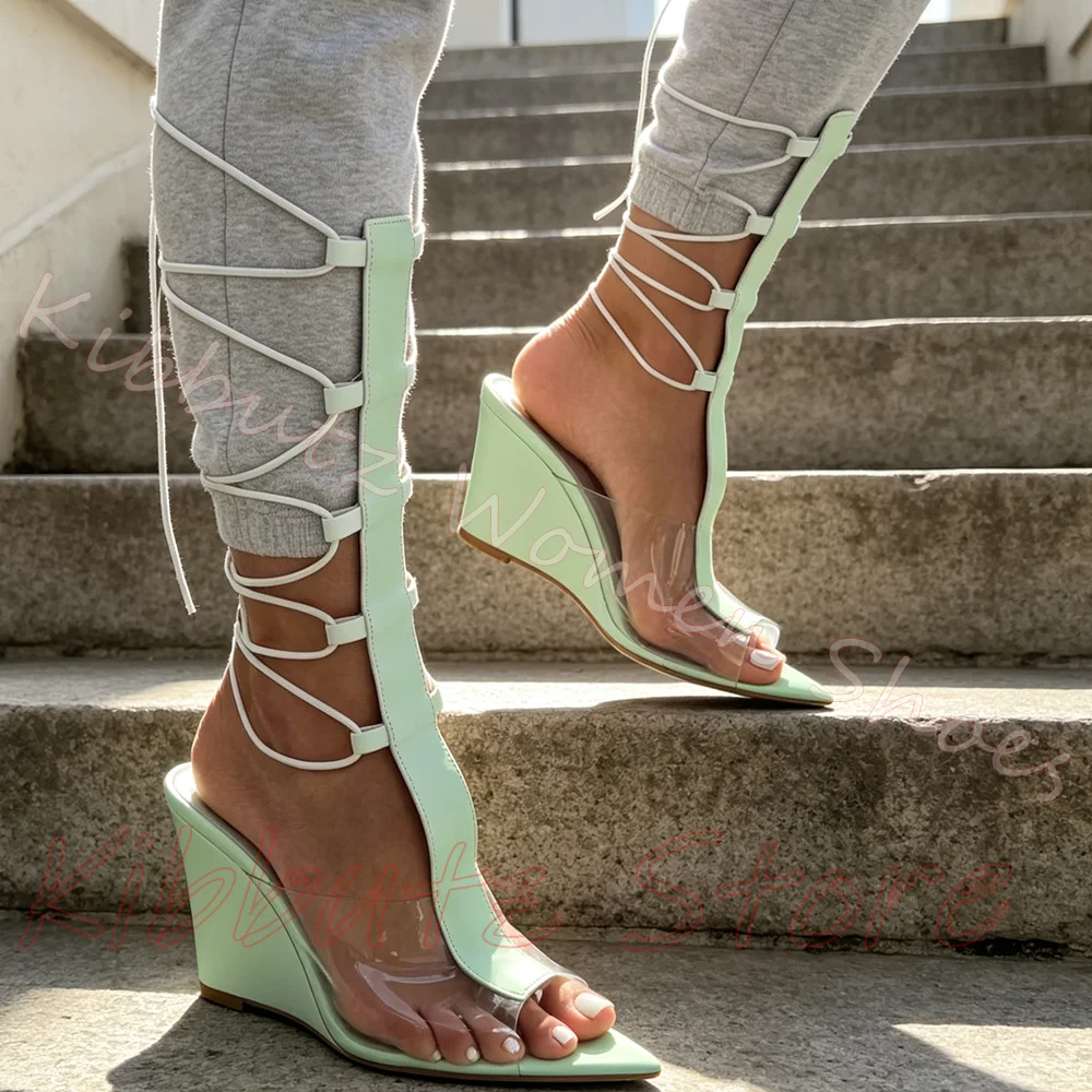 Gladiator Sandal Boot Knee High Crisscross Wrap Clear Upper Wedge Heel Women Pointy Cutout Runway Statement Footwear Leather New
