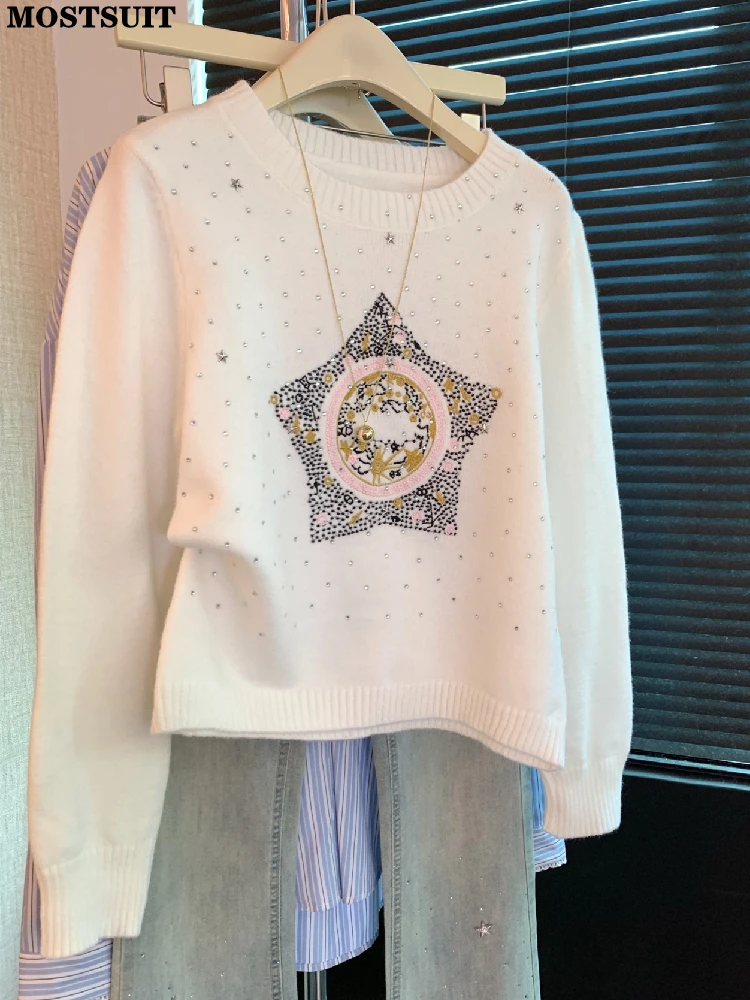 

Stars Rhinestones Knit Sweater Pullover For Women 2026 Spring Long Sleeve O-neck Knitwear Tops Vintage Fashion Stylish Jumpers