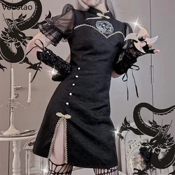 Gothic Aesthetic Y2k Mini Dresses Vintage Women Black Chinese Dragon Embroidery Bodycon Dress Sexy Punk Evening Wear Cheongsam