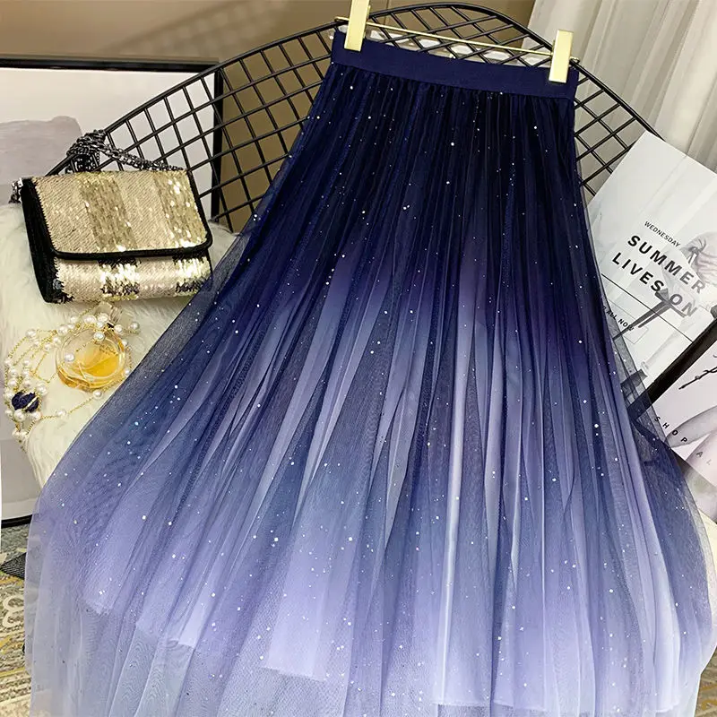 Korean Long Skirt Fashion Long Skirt As Early As 2024 New Korean Spring and Autumn High Waisted Street Gradient Mesh Skirt P914