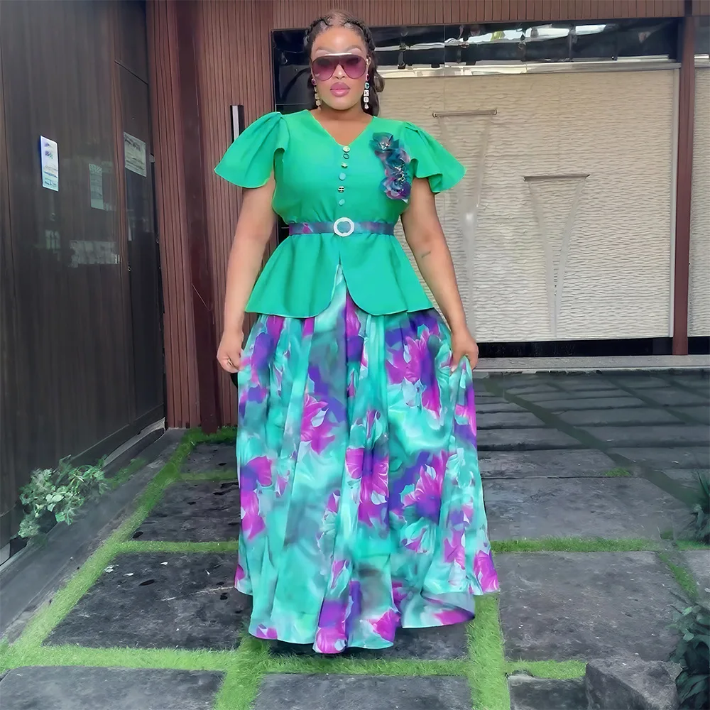

African Dresses for Women 2025 Plus Size Muslim Wedding Evening Party Long Dress Elegant Summer Fashion Short Sleeve Print Robe
