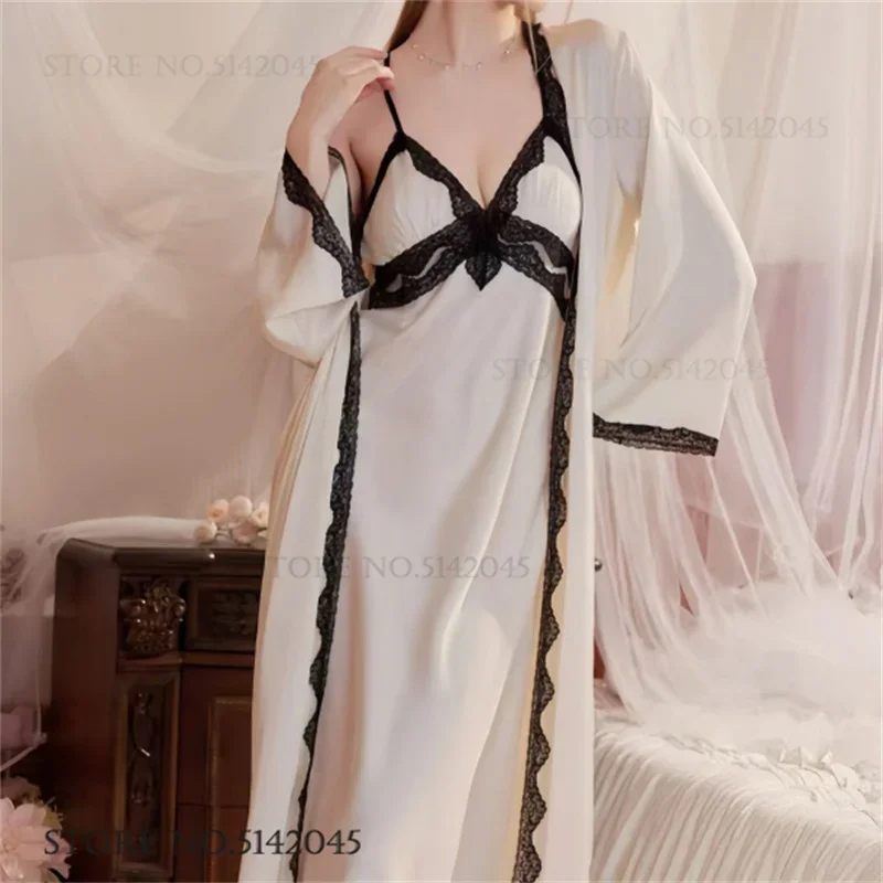 

Elegant White Ice Silk Long Robe Nightgown Set Sexy Lace Trim Suspender Nightgown Lingerie Loose Casual Bathrobe Home Dress