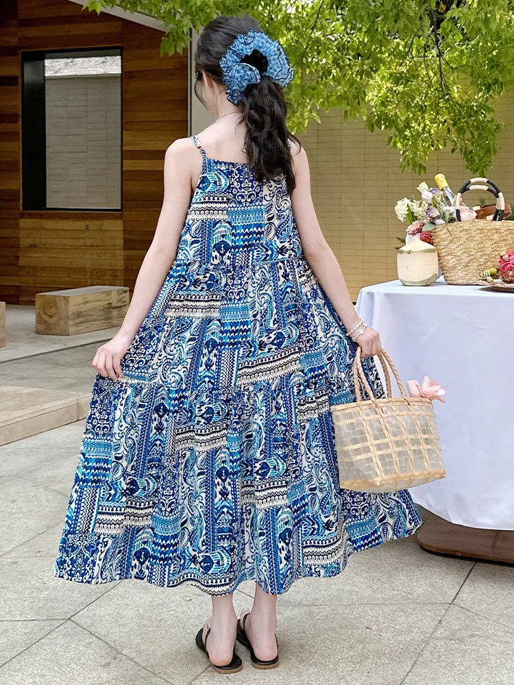 Girls Summer Long Printed Dress 2026 New Style Teenage Children's Ethnic Wind Strapless Gown Kids Fashion Clothing