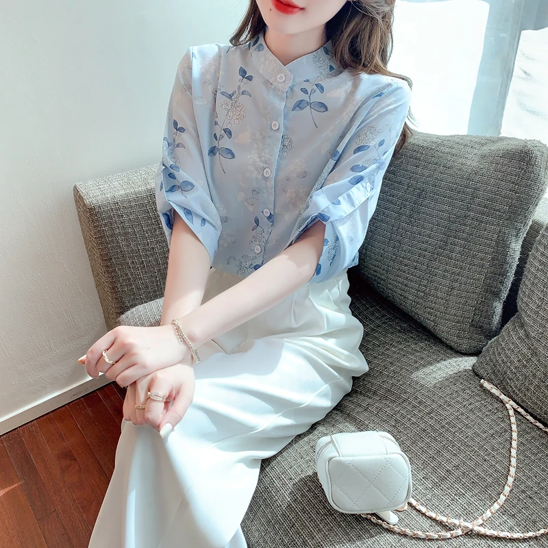 2024 Summer New Women's Stand Collar Ramie Blouse Tops Fashion Cotton Linen Shirt