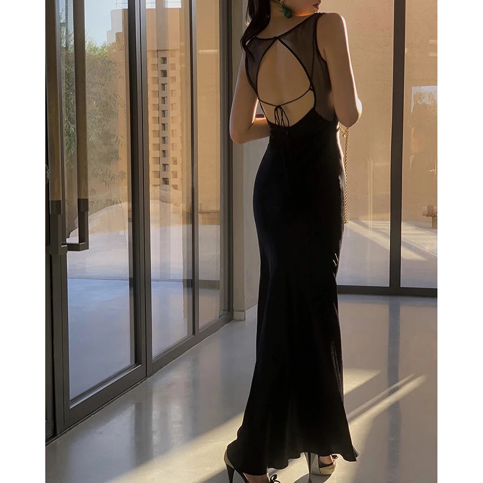 Charmoso champanhe o-pescoço sem mangas aberto nas costas vestidos de noite 2025 elegante sereia tornozelo comprimento fenda lateral zíper vestido de baile