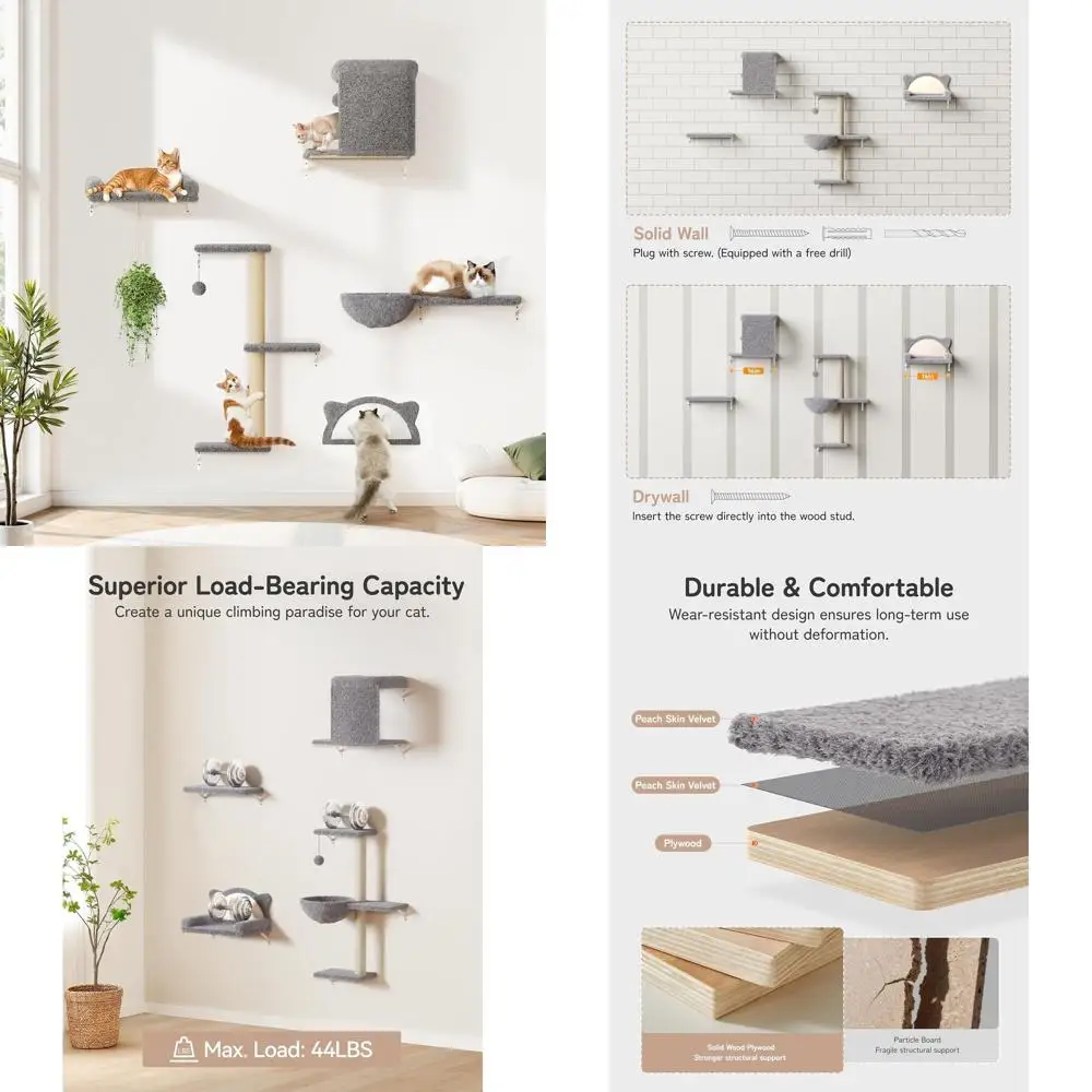 

5-in-1CatWallShelves,SolidWood&Velvet&SisalScratcher,44lbsMaxLoad,WallMountedCaturnitureorClimbers,CatClimWallSystem,itsDrywall&