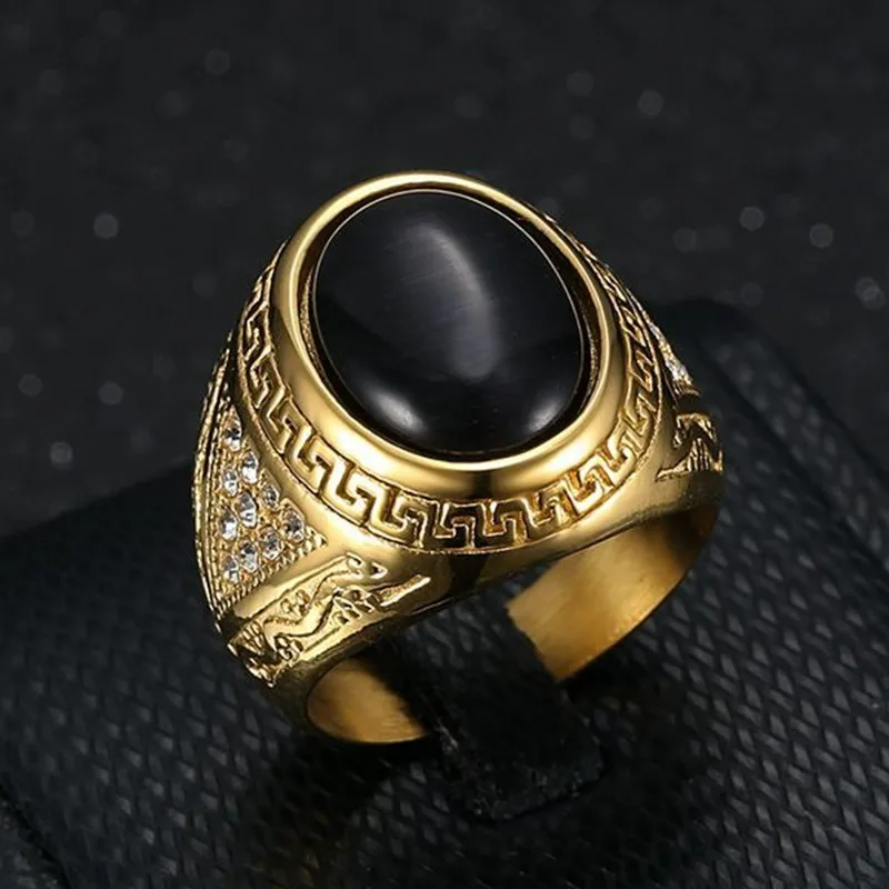 Masculine Green Jade Emerald Black Agate Gemstones Titanium Rings for Men Stainless Steel Big Solid Finger Bands Vintage Jewelry - view 3