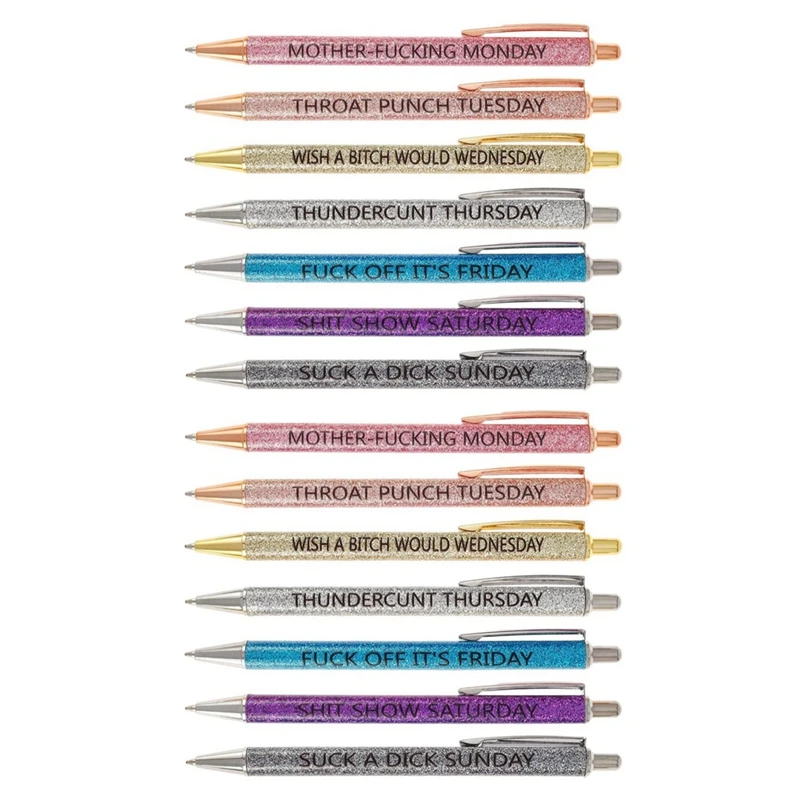 Top-2 Set/14 Pcs Funny Ballpoint Pens Novelty Daily Pen Set, Offensive Office Gifts, Weekday Vibes Glitter Pen Set