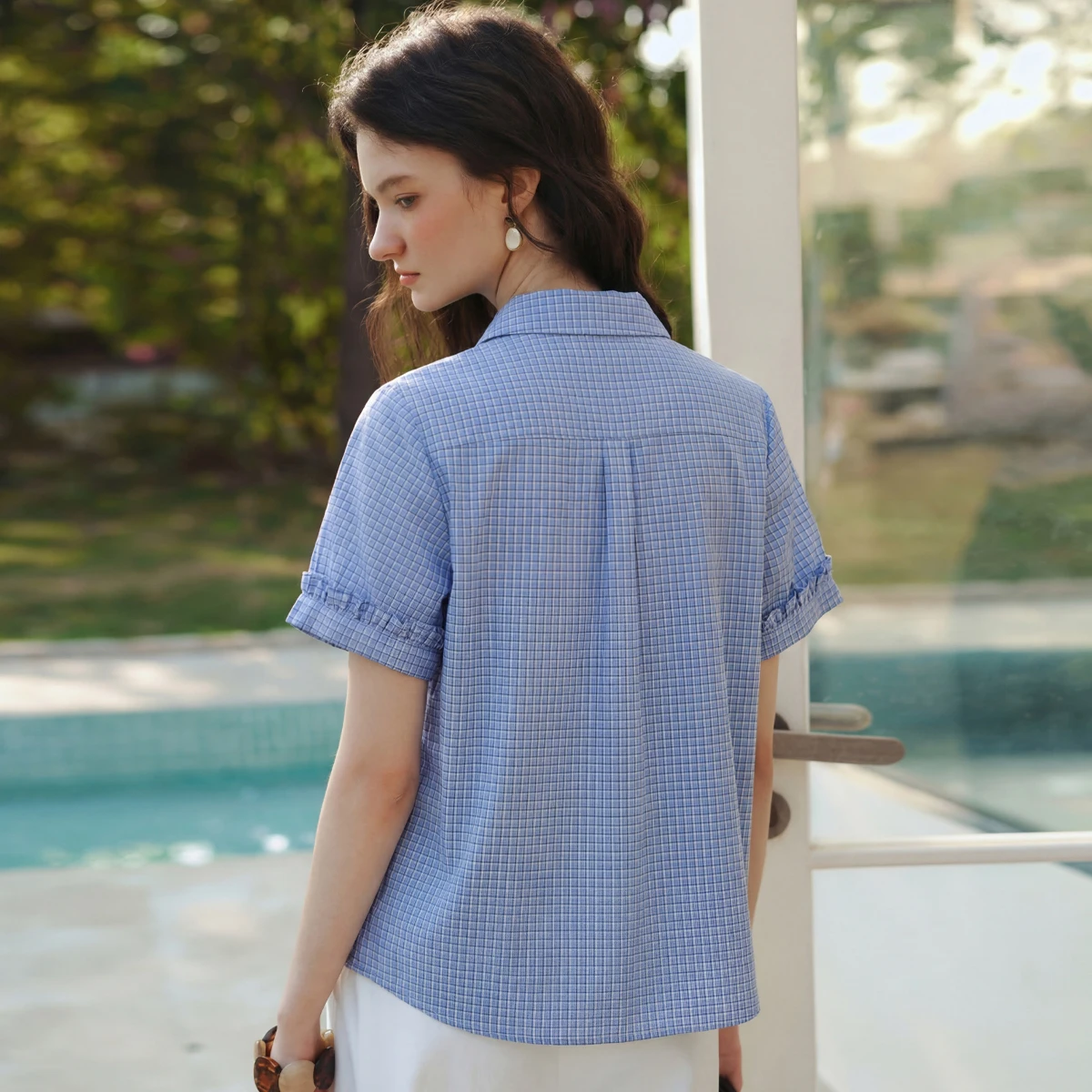 OLrain Blue Women's Casual Plaid Shirt 2026 Summer Ruffle Trim Spliced Commuter Versatile Loose Short Sleeve Blouse O58XC005828 view 2