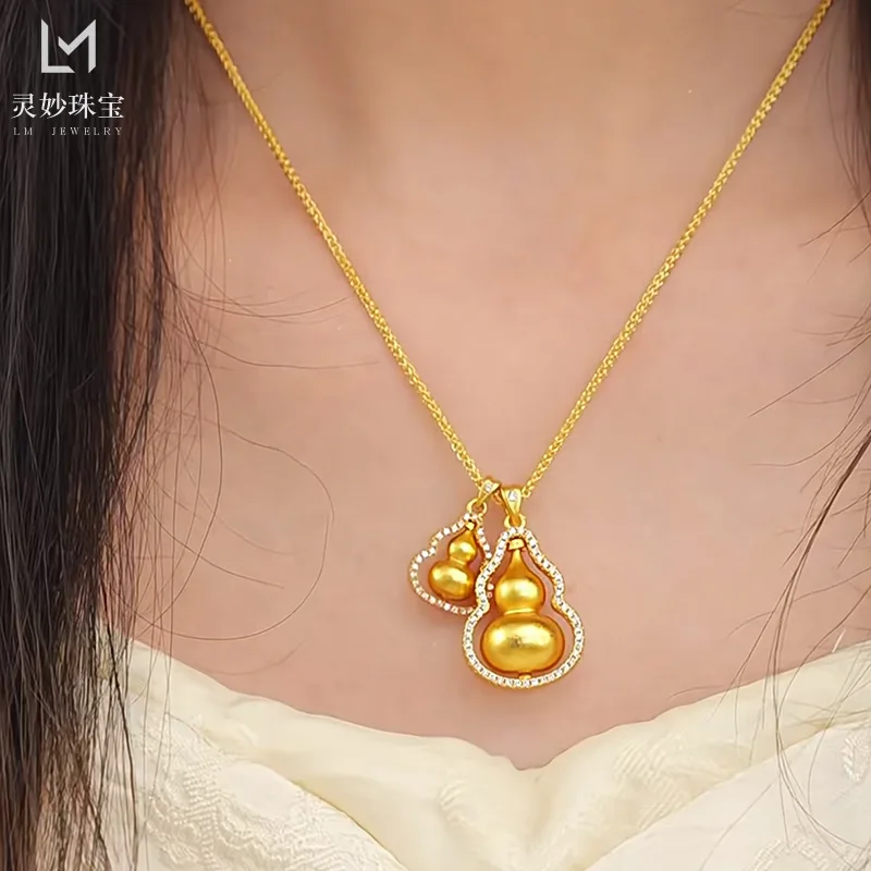 

Позолоченное ожерелье с подвеской в виде двойной тыквы с бриллиантами 999 пробы, многослойная цепочка на свитер, приносящая удачу и благополучие, подарок для женщин