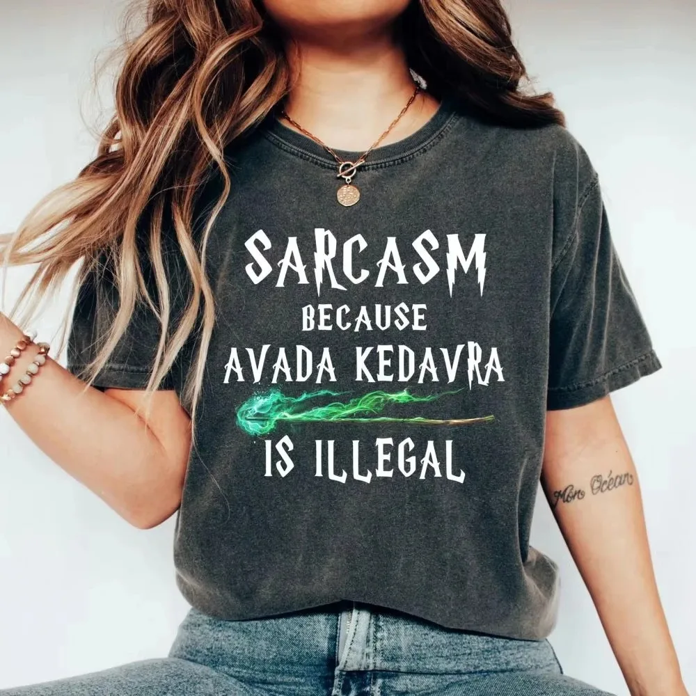 

Retro Magic Wand T-Shirt Sarcasm Because Avada Kedavra Is Illegal Shirt Washed Tee Cotton Shirt Women Y2K Tops Girl Clothing Tee