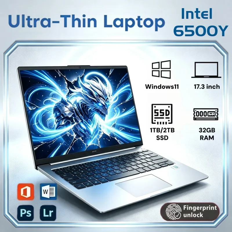 17.3" Large Screen Notebook Intel 6500Y Windows11 32GB RAM 2TB SSD Fingerprint Unlock Computer For Family Multi-media Office Use