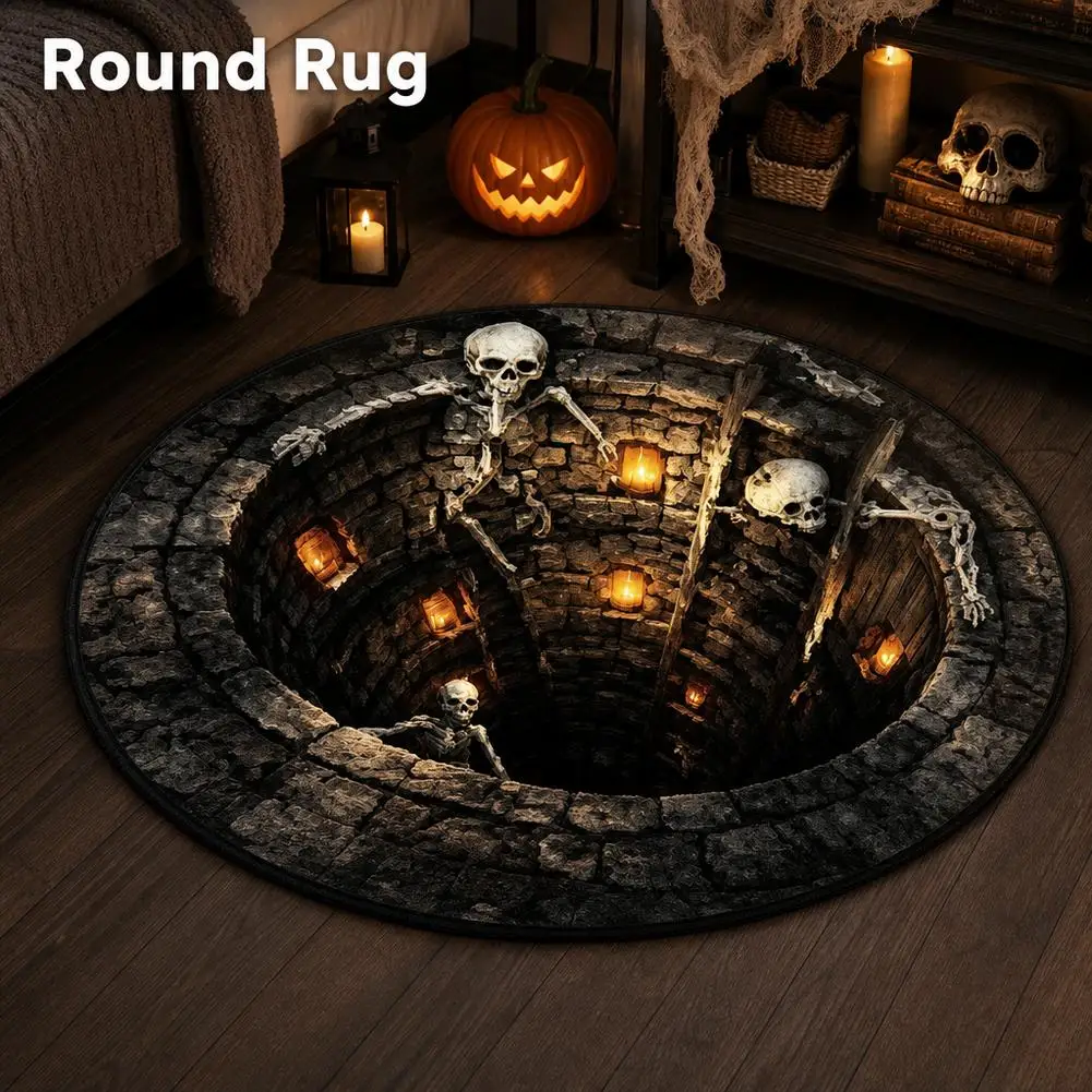 Halloween Optical Illusion Rug Skeleton Hole Round Carpet Non Slip Plush Floor Mat Living Room Bedroom Party Decor