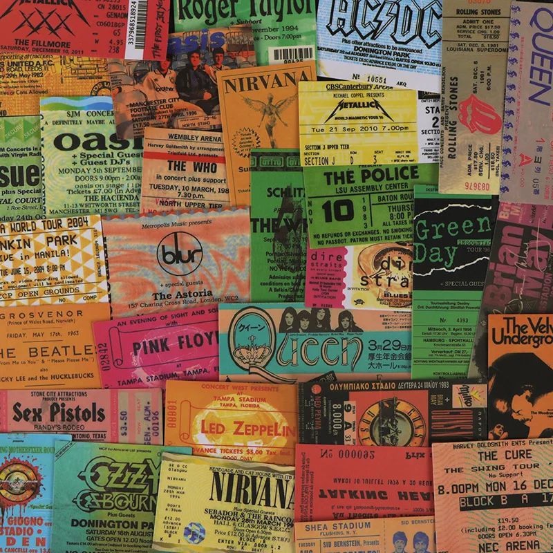 43 sztuk muzyka rockowa bilet naklejki Graffiti Retro zespół naklejki dla dzieci zabawki fajne wodoodporne DIY gitara motocykl naklejki samochodowe