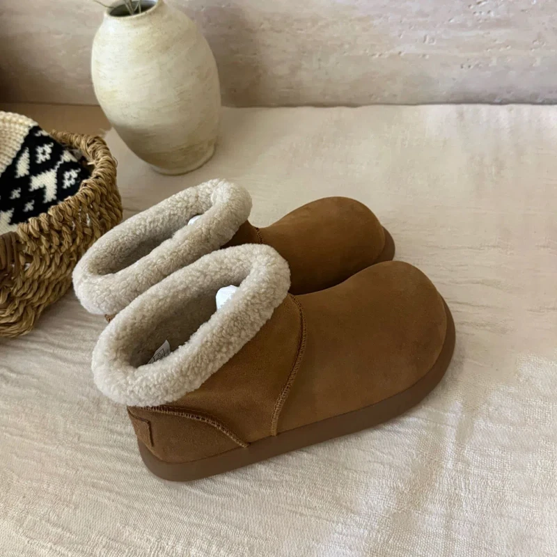 

Cowhide Women's Boots Retro Round Toe Ugly Cute Short Boots for Women with Plush Low Top Warm Big Cotton Shoes Flat Thick Soled