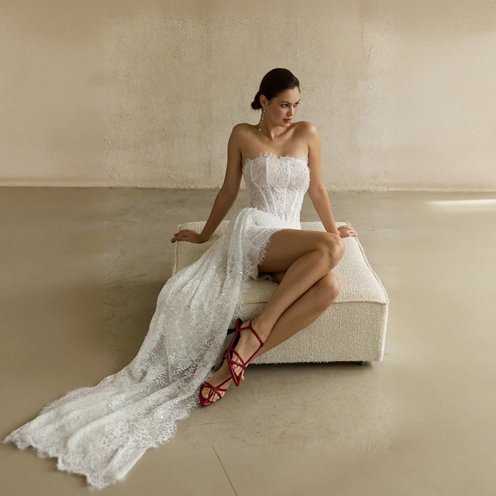 Vestido de novia corto de encaje con corset, cola larga desmontable, con cordones y lentejuelas, minivestido de recepción nupcial, personalizado.