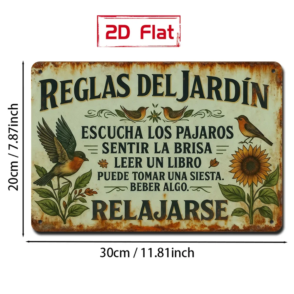 Tin Sign - Spanish Reglas Del Jardin Bird Sunflower Garden Rules Vintage Durable Metal Plaque Wall Decor, Backyard Patio Garden