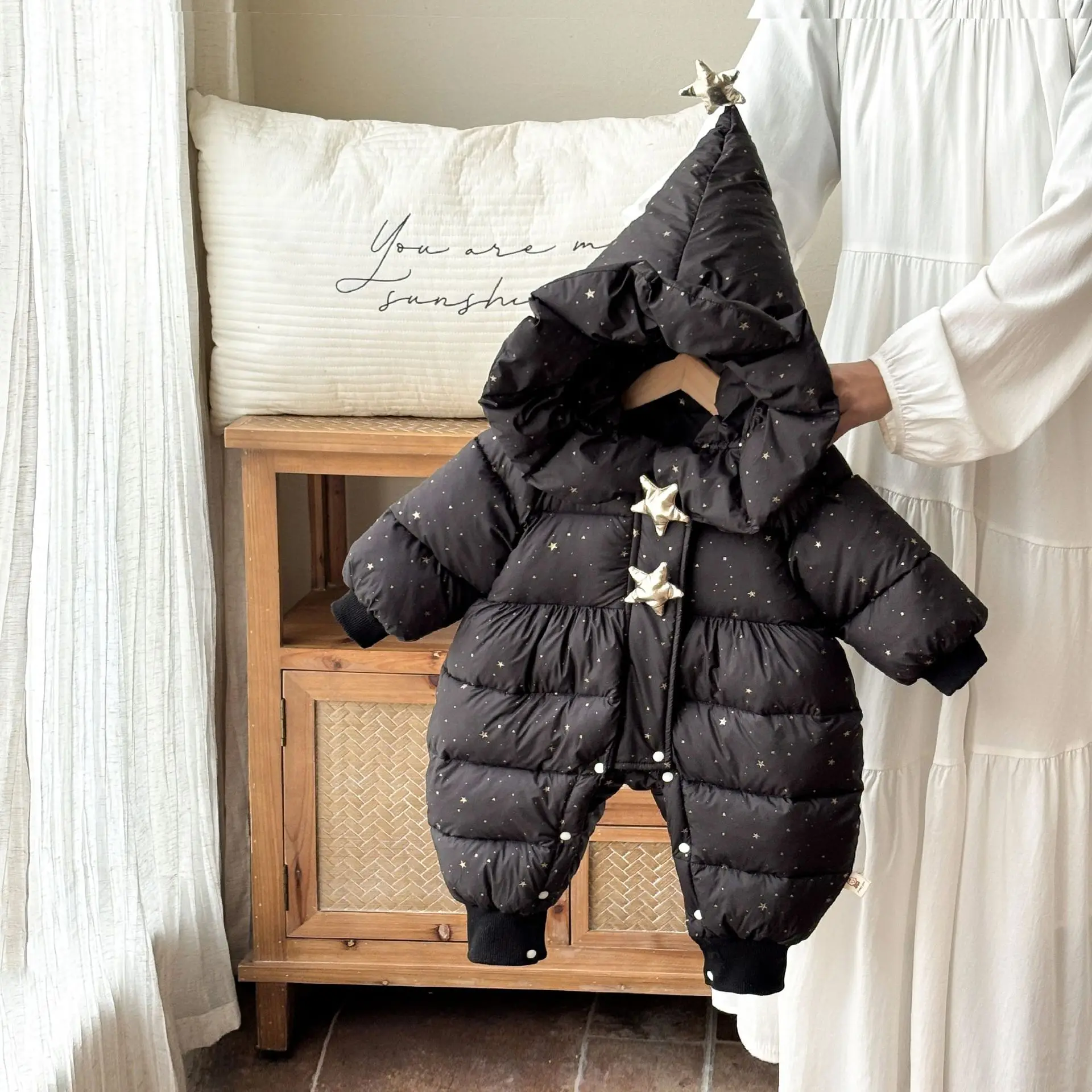 

Зимняя одежда из хлопка Thiened для малышей, теплый костюм Rer со шляпой, застежкой-молнией, брюки с высокой талией, милые детские брюки...